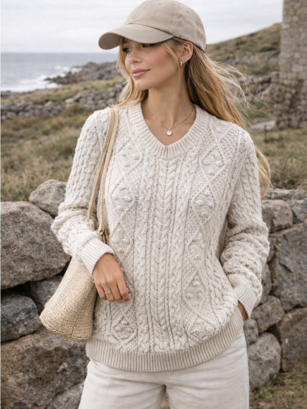Zara Cable Knit Fisherman Sweater Cream Cottagecore Women Large Cabine Coastal